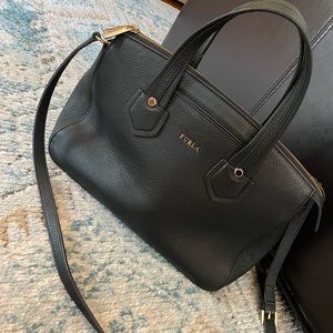 Furla Grain Leather Black Handbag with short and long strap